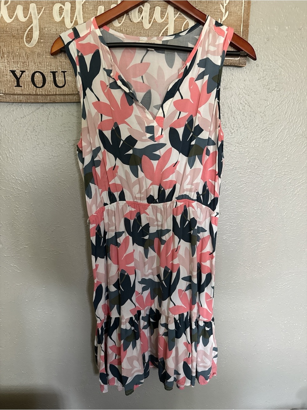 LOFT Sleeveless V-Neck Tiered Midi Dress in Pink & Navy